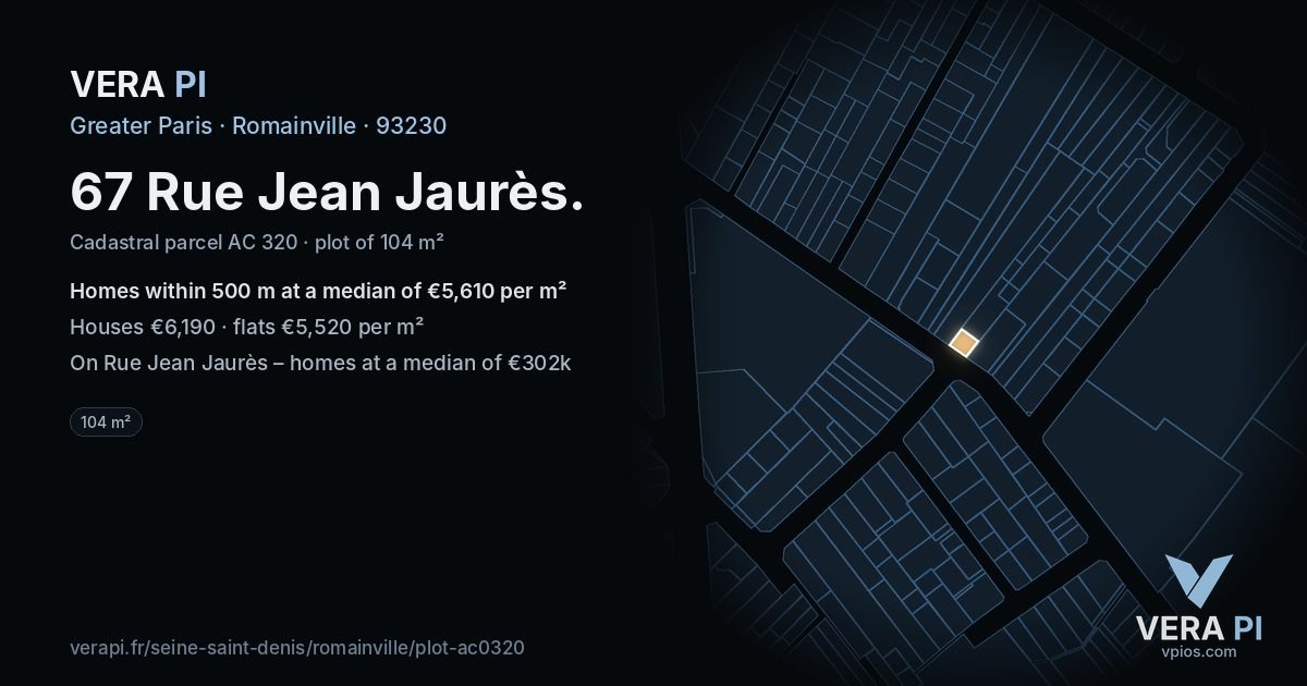 67 Rue Jean Jaurès, Romainville at night – the plot lit, the parcels around coloured by the prices near them