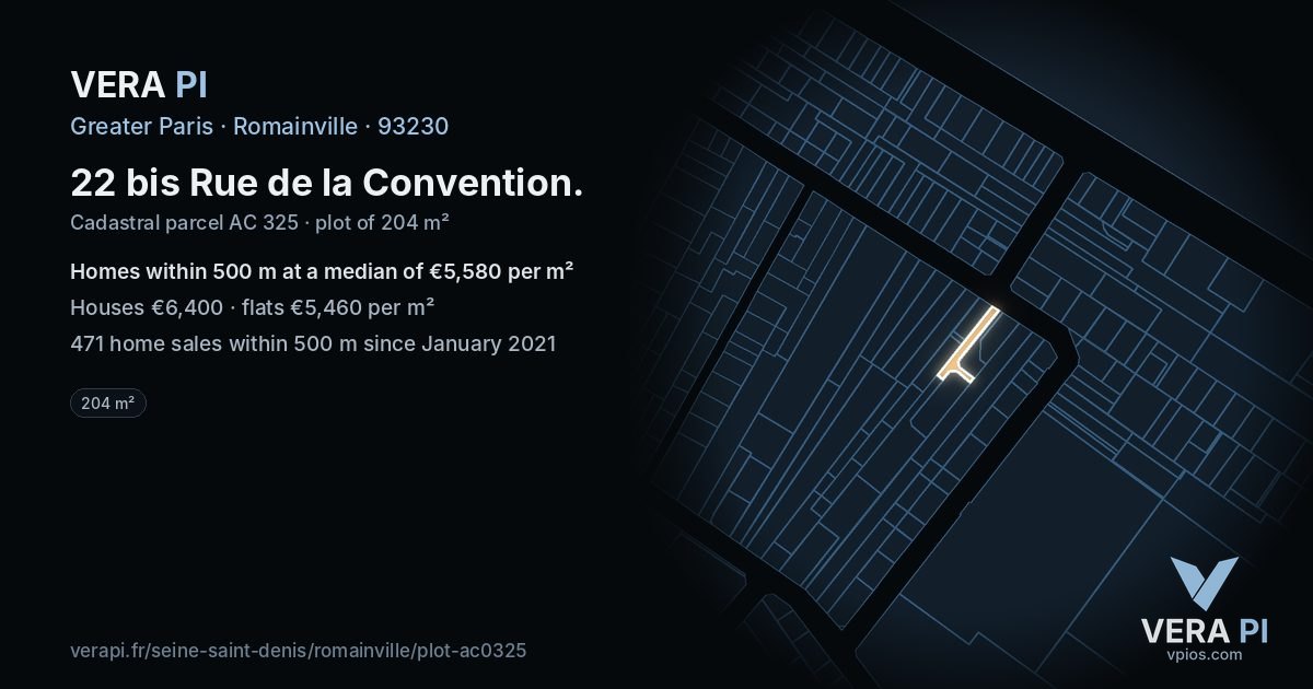 22 bis Rue de la Convention, Romainville at night – the plot lit, the parcels around coloured by the prices near them