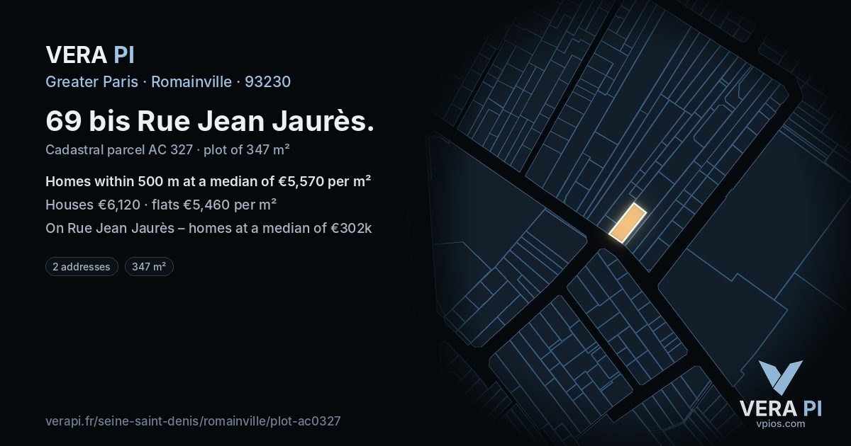 69 bis Rue Jean Jaurès, Romainville at night – the plot lit, the parcels around coloured by the prices near them