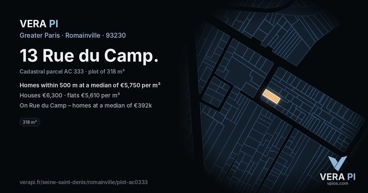 13 Rue du Camp, Romainville at night – the plot lit, the parcels around coloured by the prices near them