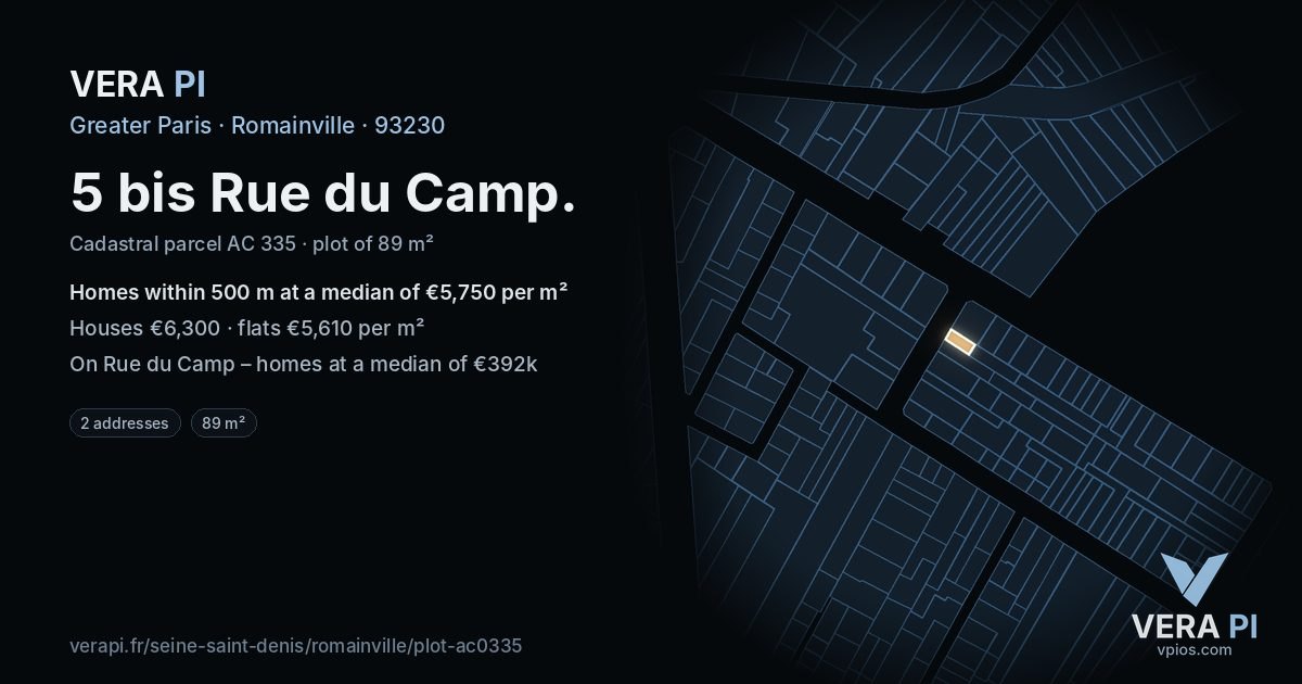 5 bis Rue du Camp, Romainville at night – the plot lit, the parcels around coloured by the prices near them