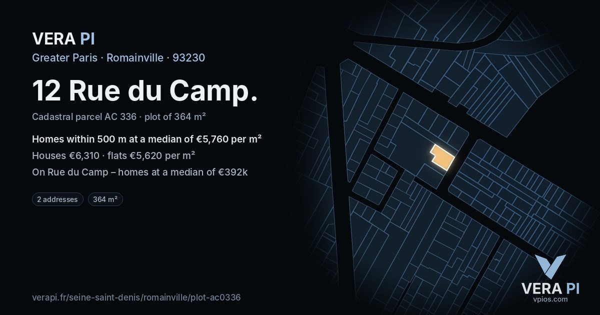 12 Rue du Camp, Romainville at night – the plot lit, the parcels around coloured by the prices near them