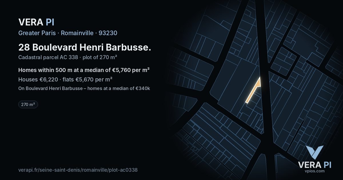 28 Boulevard Henri Barbusse, Romainville at night – the plot lit, the parcels around coloured by the prices near them