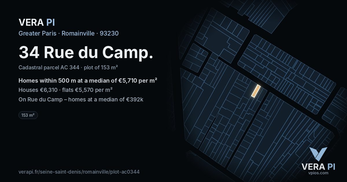 34 Rue du Camp, Romainville at night – the plot lit, the parcels around coloured by the prices near them