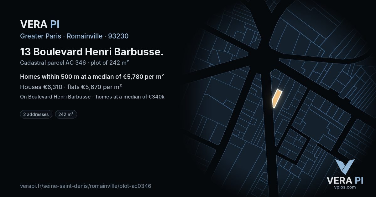 13 Boulevard Henri Barbusse, Romainville at night – the plot lit, the parcels around coloured by the prices near them
