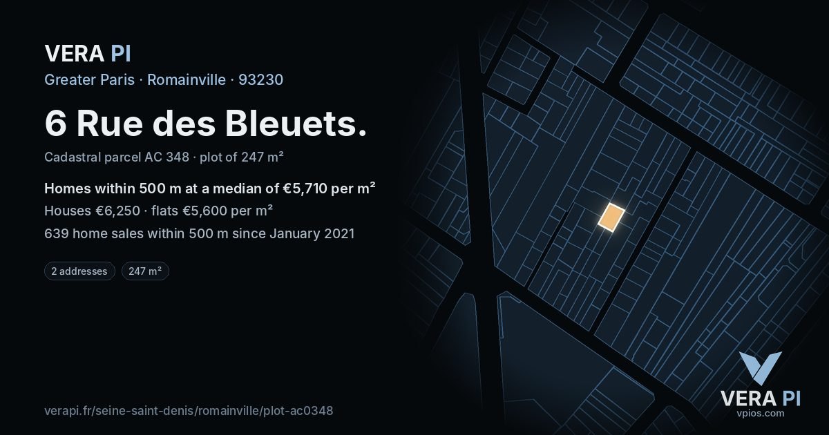 6 Rue des Bleuets, Romainville at night – the plot lit, the parcels around coloured by the prices near them