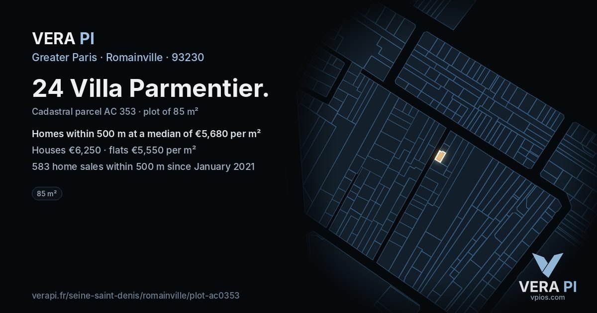 24 Villa Parmentier, Romainville at night – the plot lit, the parcels around coloured by the prices near them