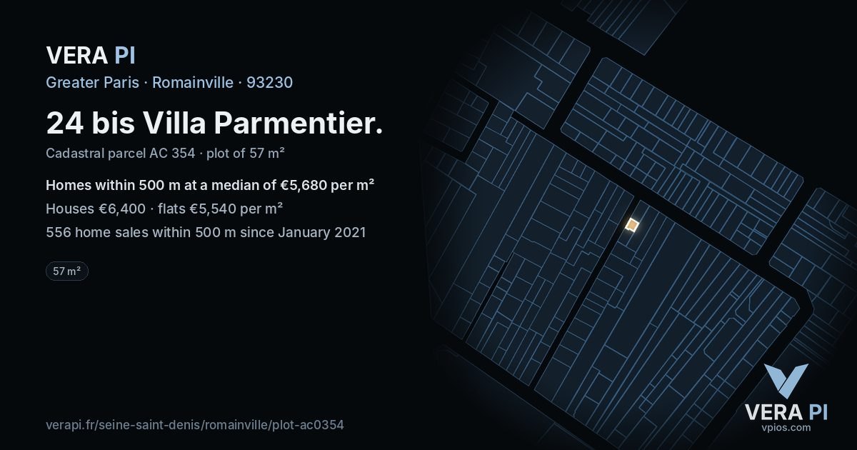 24 bis Villa Parmentier, Romainville at night – the plot lit, the parcels around coloured by the prices near them