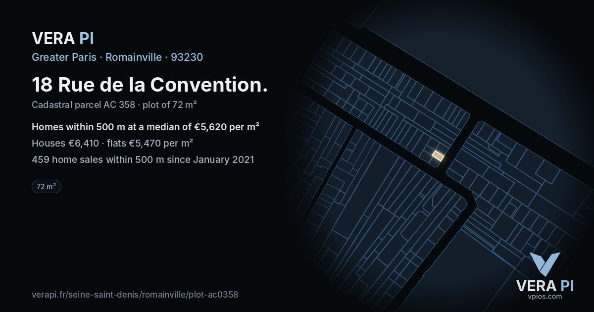 18 Rue de la Convention, Romainville at night – the plot lit, the parcels around coloured by the prices near them