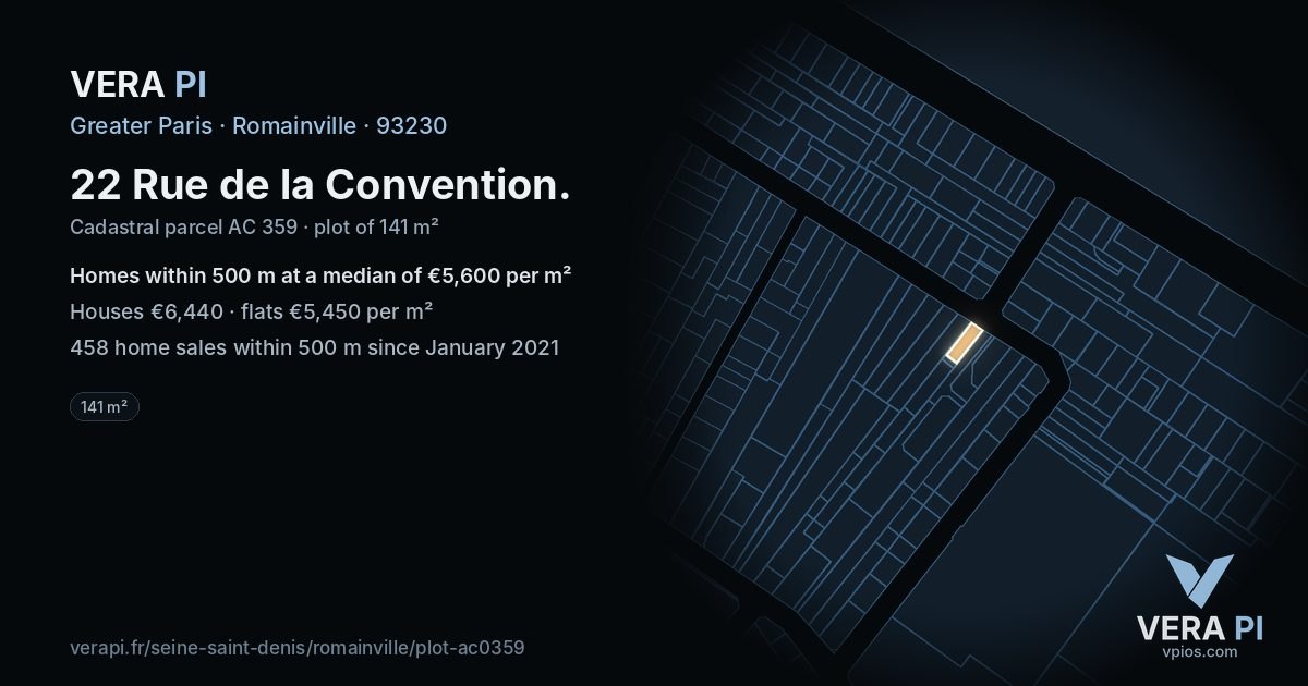 22 Rue de la Convention, Romainville at night – the plot lit, the parcels around coloured by the prices near them