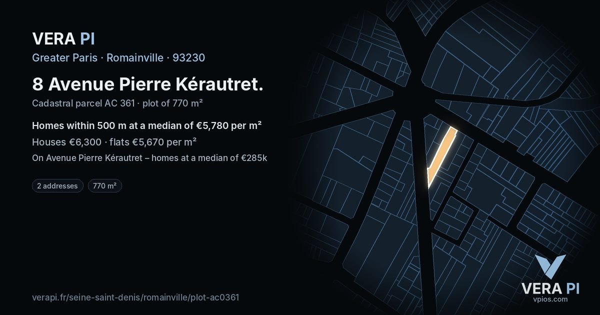 8 Avenue Pierre Kérautret, Romainville at night – the plot lit, the parcels around coloured by the prices near them