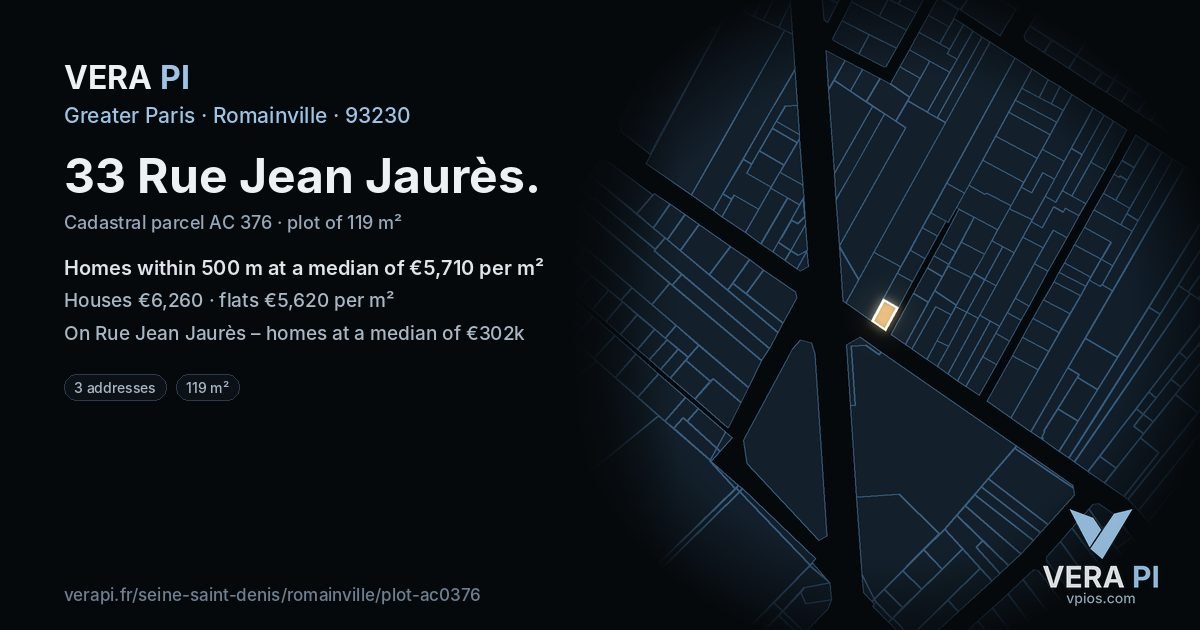 33 Rue Jean Jaurès, Romainville at night – the plot lit, the parcels around coloured by the prices near them