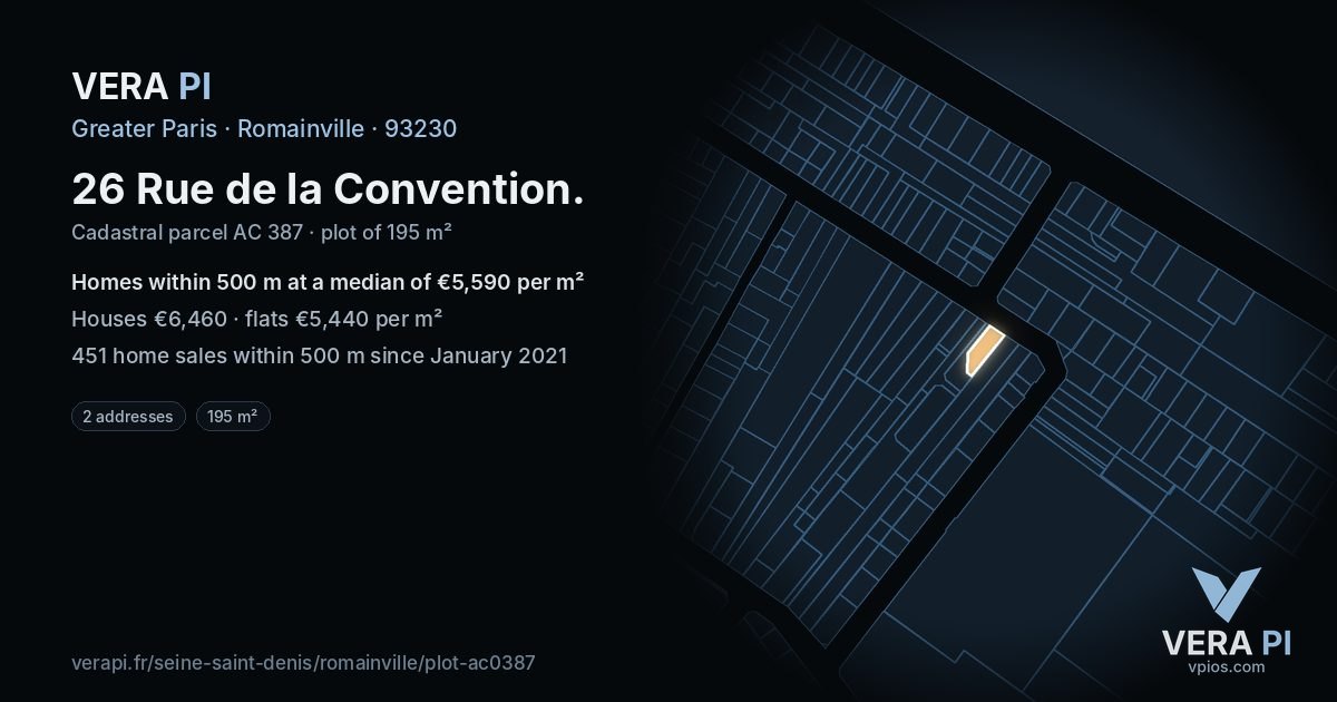 26 Rue de la Convention, Romainville at night – the plot lit, the parcels around coloured by the prices near them