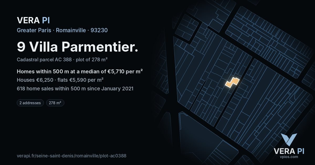 9 Villa Parmentier, Romainville at night – the plot lit, the parcels around coloured by the prices near them