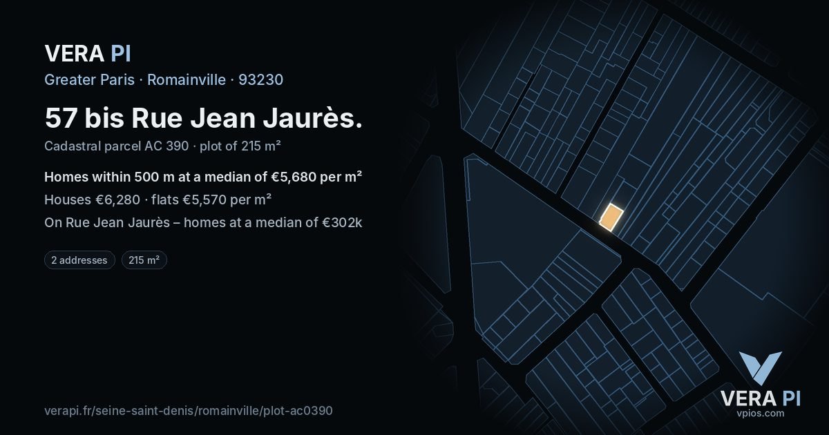 57 bis Rue Jean Jaurès, Romainville at night – the plot lit, the parcels around coloured by the prices near them