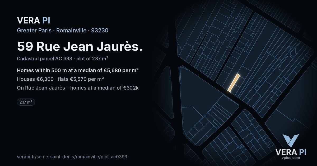 59 Rue Jean Jaurès, Romainville at night – the plot lit, the parcels around coloured by the prices near them