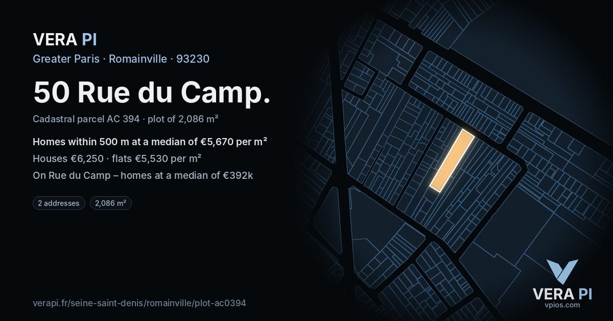 50 Rue du Camp, Romainville at night – the plot lit, the parcels around coloured by the prices near them