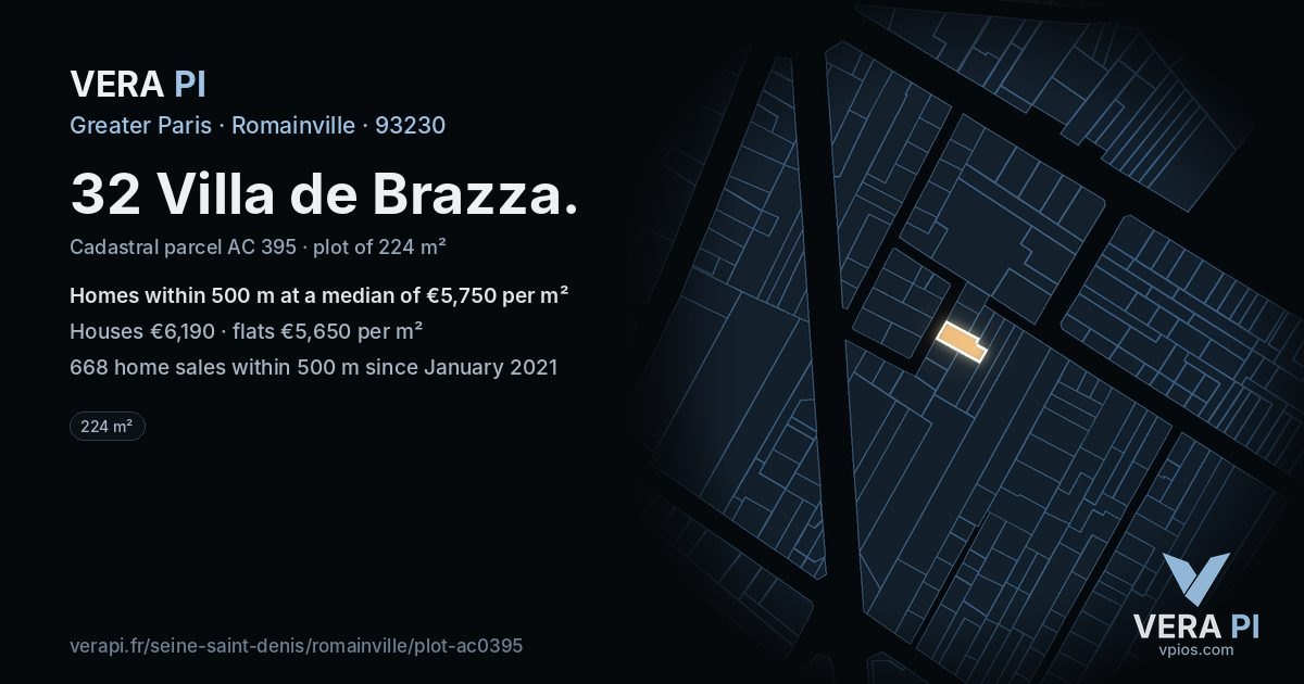 32 Villa de Brazza, Romainville at night – the plot lit, the parcels around coloured by the prices near them