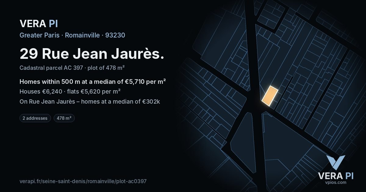 29 Rue Jean Jaurès, Romainville at night – the plot lit, the parcels around coloured by the prices near them