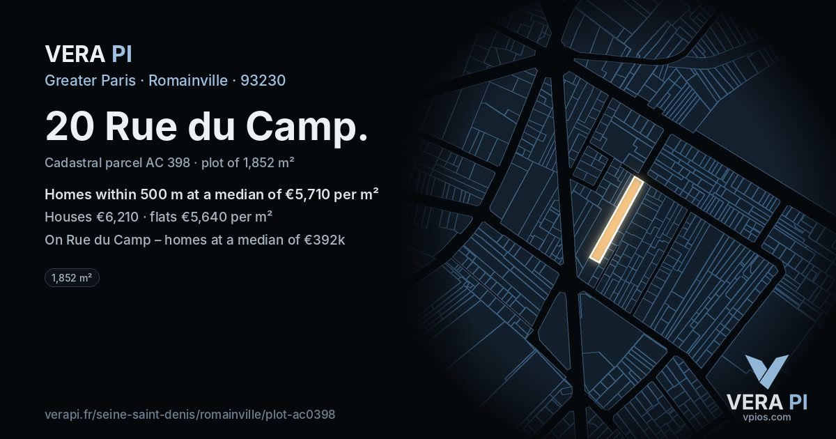 20 Rue du Camp, Romainville at night – the plot lit, the parcels around coloured by the prices near them