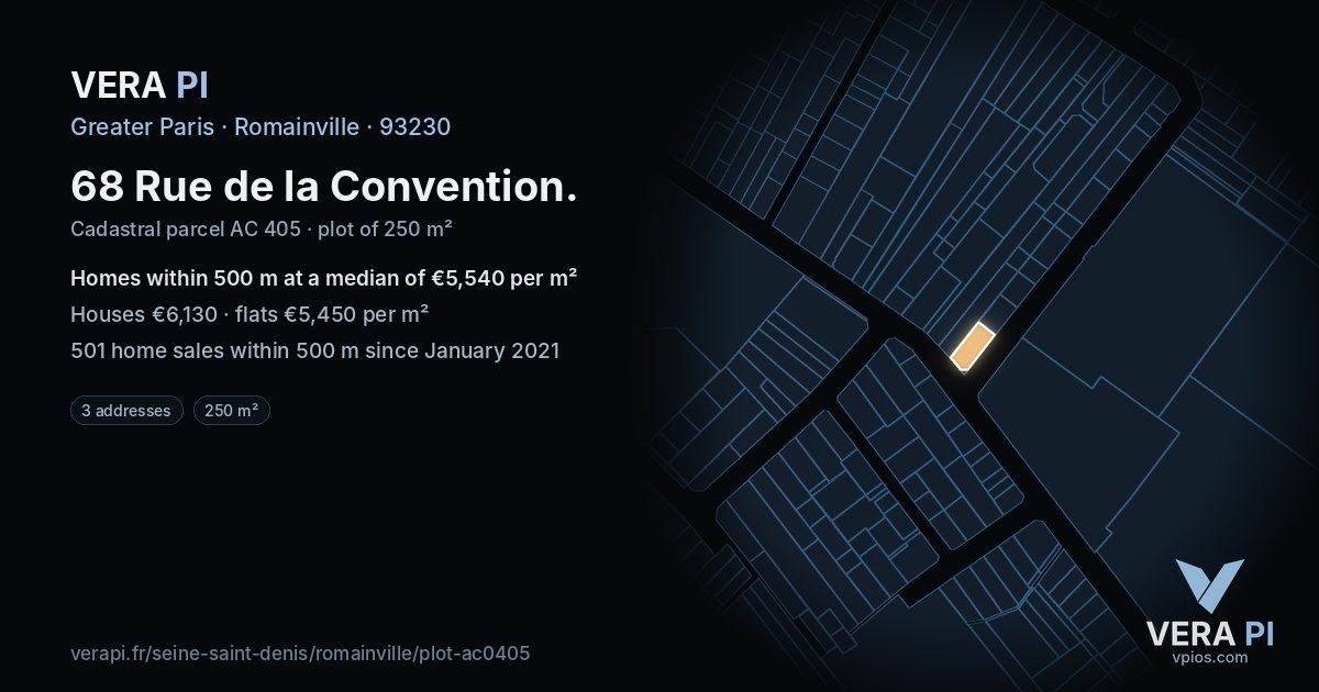 68 Rue de la Convention, Romainville at night – the plot lit, the parcels around coloured by the prices near them