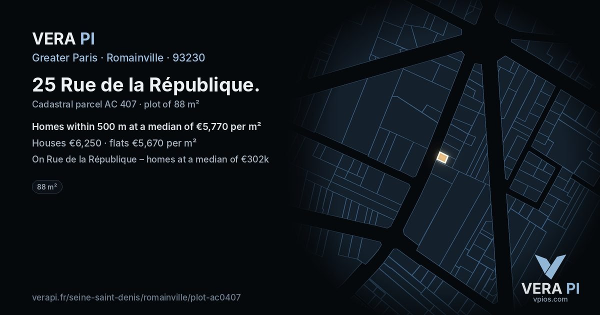 25 Rue de la République, Romainville at night – the plot lit, the parcels around coloured by the prices near them