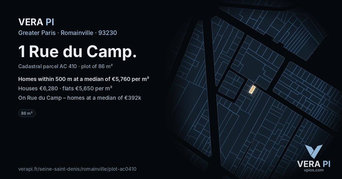 1 Rue du Camp, Romainville at night – the plot lit, the parcels around coloured by the prices near them