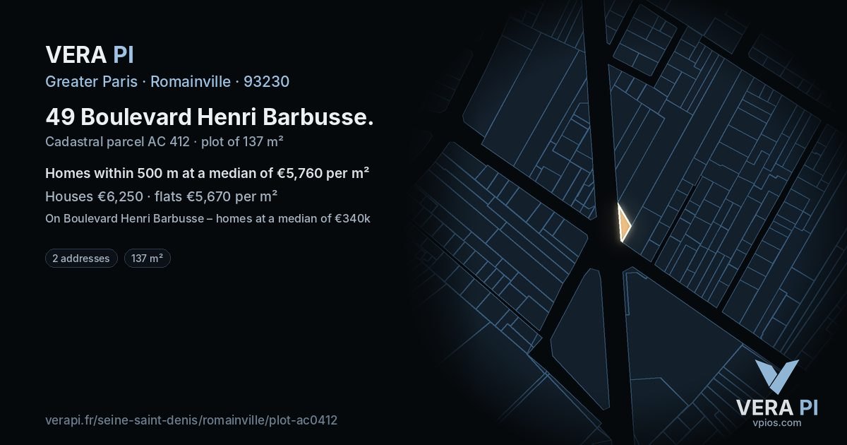 49 Boulevard Henri Barbusse, Romainville at night – the plot lit, the parcels around coloured by the prices near them