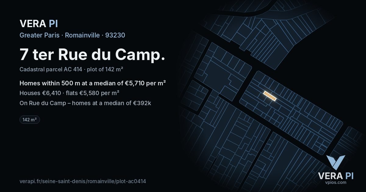 7 ter Rue du Camp, Romainville at night – the plot lit, the parcels around coloured by the prices near them