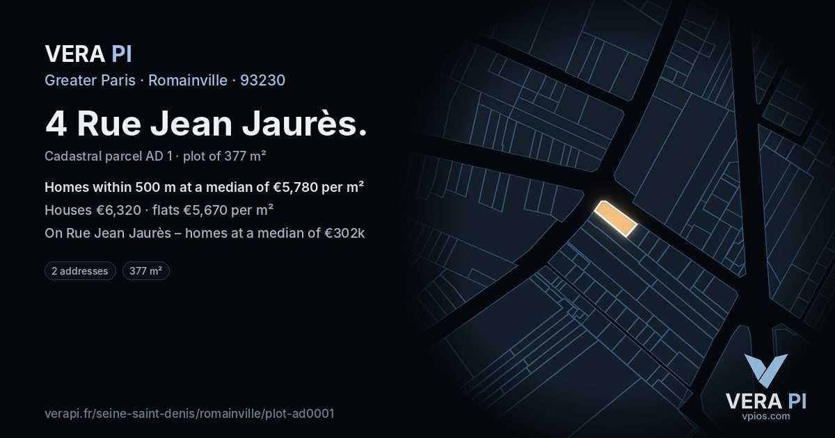 4 Rue Jean Jaurès, Romainville at night – the plot lit, the parcels around coloured by the prices near them