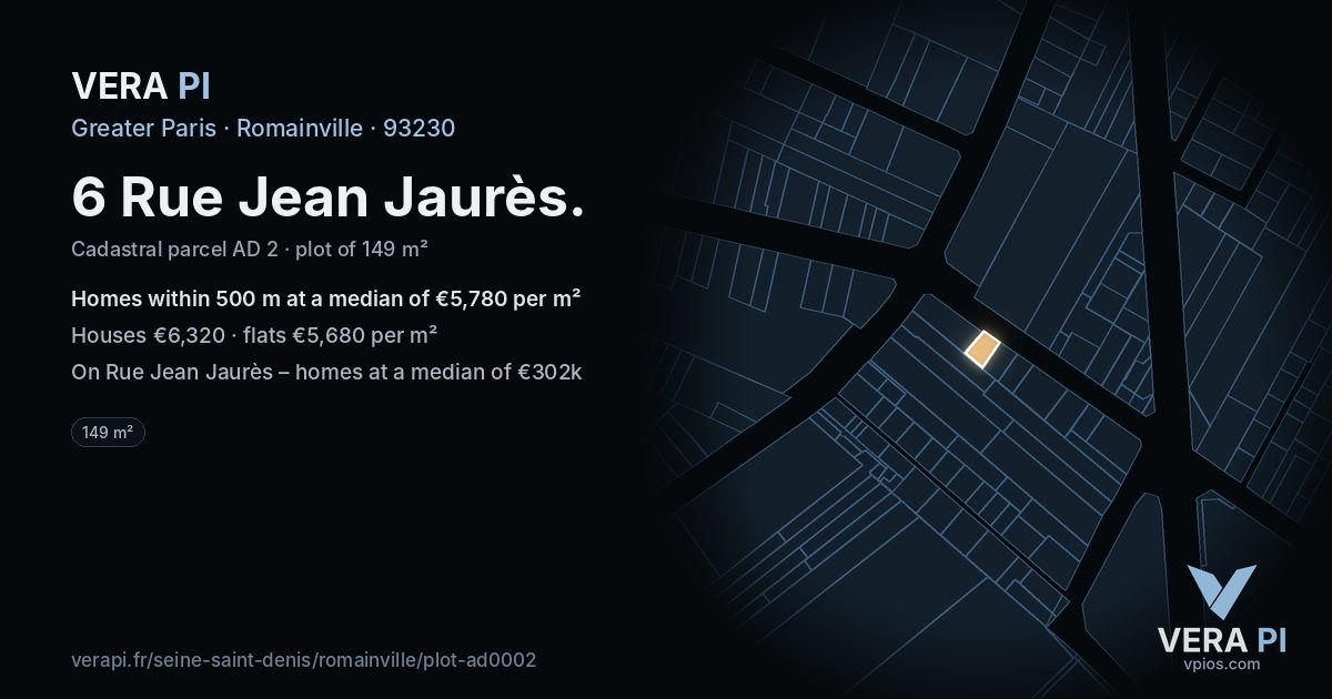 6 Rue Jean Jaurès, Romainville at night – the plot lit, the parcels around coloured by the prices near them