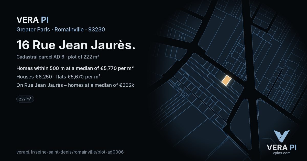 16 Rue Jean Jaurès, Romainville at night – the plot lit, the parcels around coloured by the prices near them