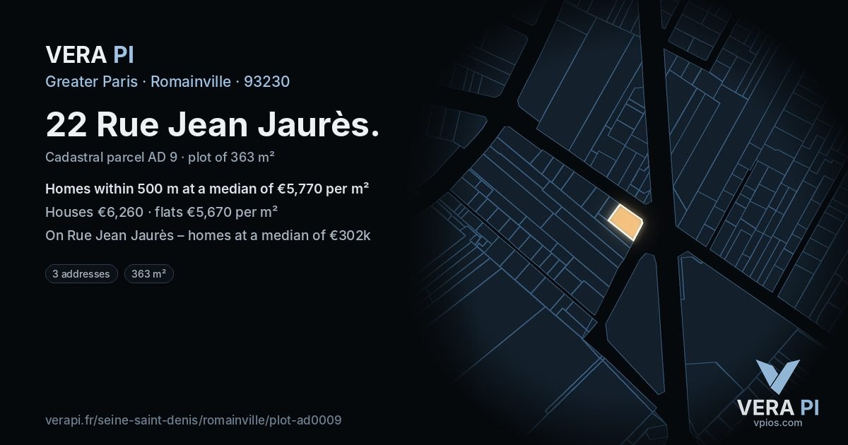 22 Rue Jean Jaurès, Romainville at night – the plot lit, the parcels around coloured by the prices near them