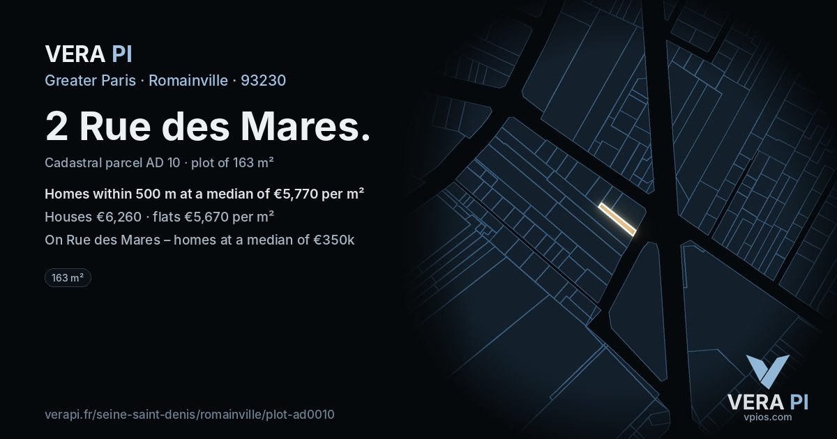 2 Rue des Mares, Romainville at night – the plot lit, the parcels around coloured by the prices near them