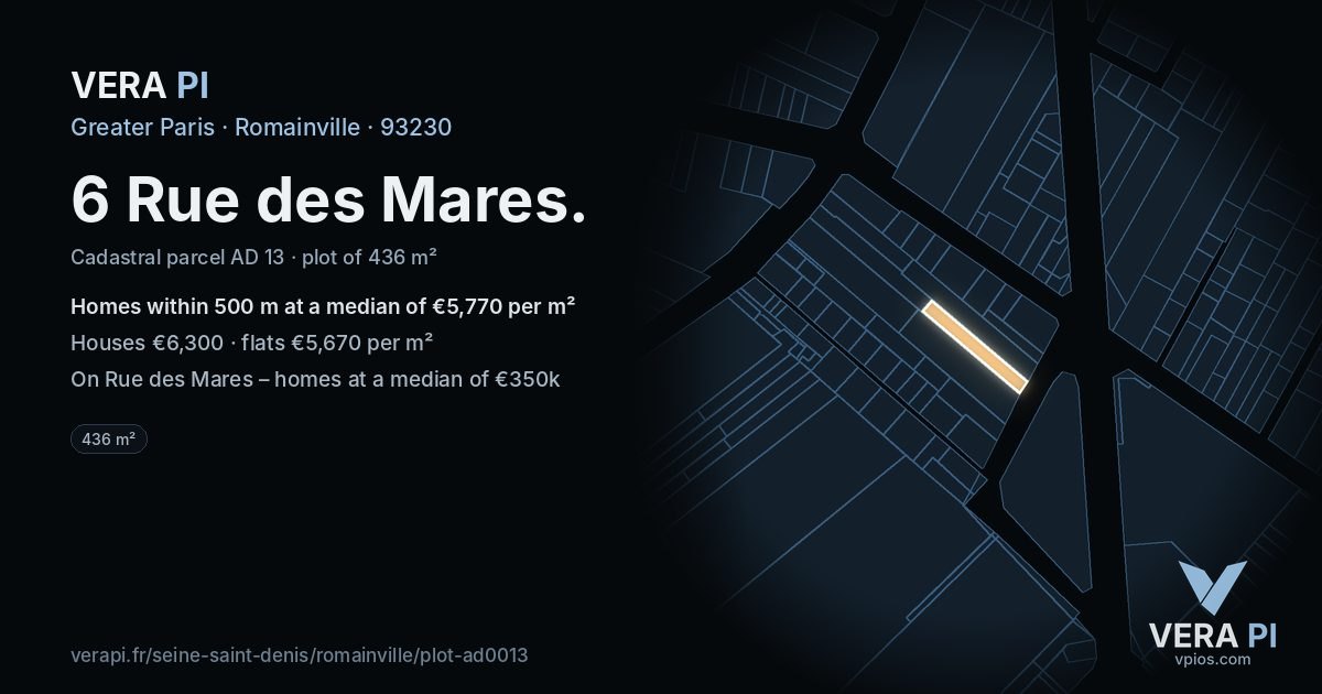 6 Rue des Mares, Romainville at night – the plot lit, the parcels around coloured by the prices near them