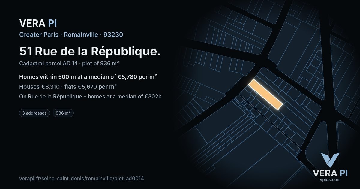 51 Rue de la République, Romainville at night – the plot lit, the parcels around coloured by the prices near them