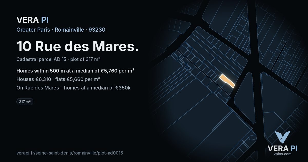 10 Rue des Mares, Romainville at night – the plot lit, the parcels around coloured by the prices near them