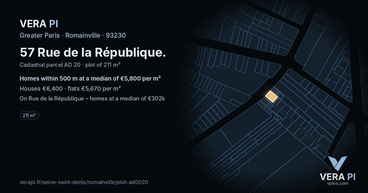 57 Rue de la République, Romainville at night – the plot lit, the parcels around coloured by the prices near them