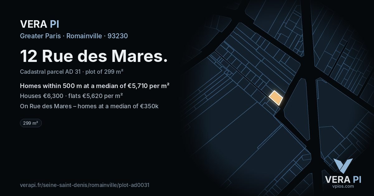 12 Rue des Mares, Romainville at night – the plot lit, the parcels around coloured by the prices near them