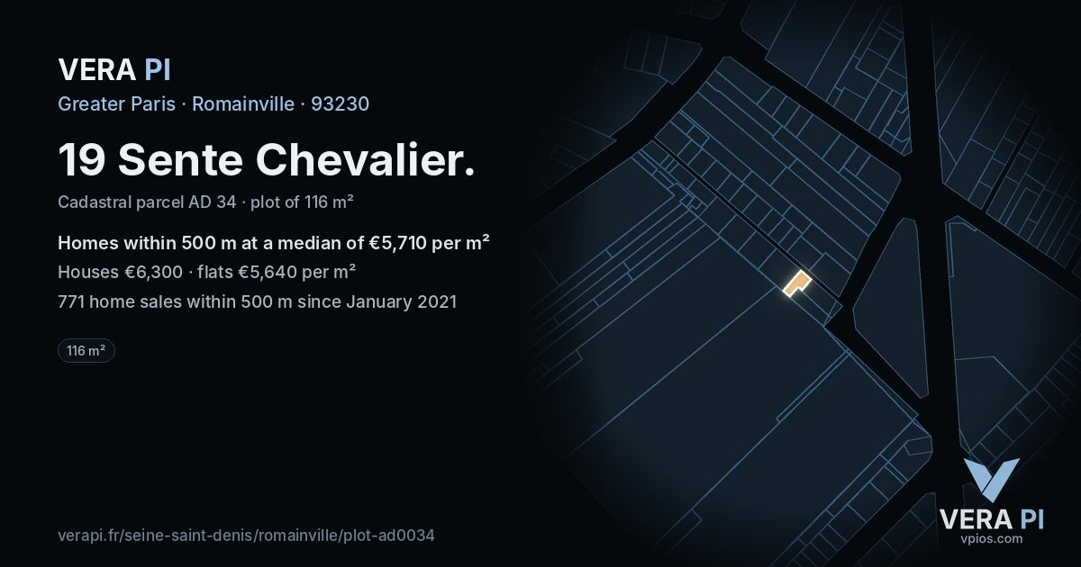 19 Sente Chevalier, Romainville at night – the plot lit, the parcels around coloured by the prices near them