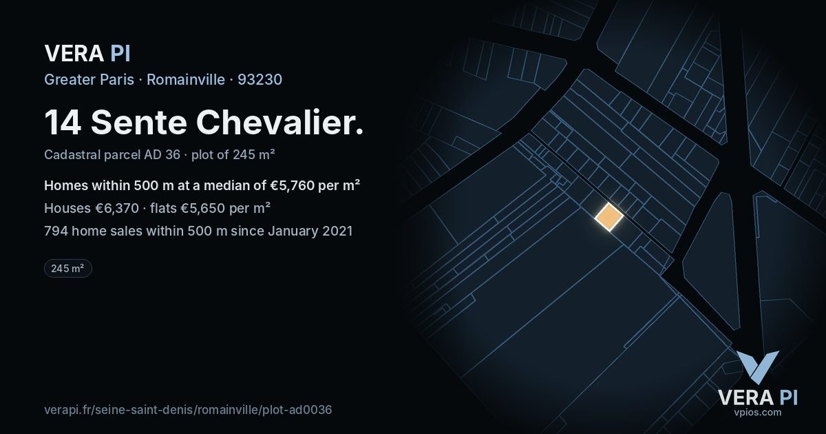 14 Sente Chevalier, Romainville at night – the plot lit, the parcels around coloured by the prices near them