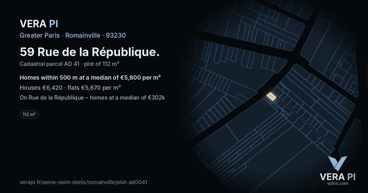 59 Rue de la République, Romainville at night – the plot lit, the parcels around coloured by the prices near them