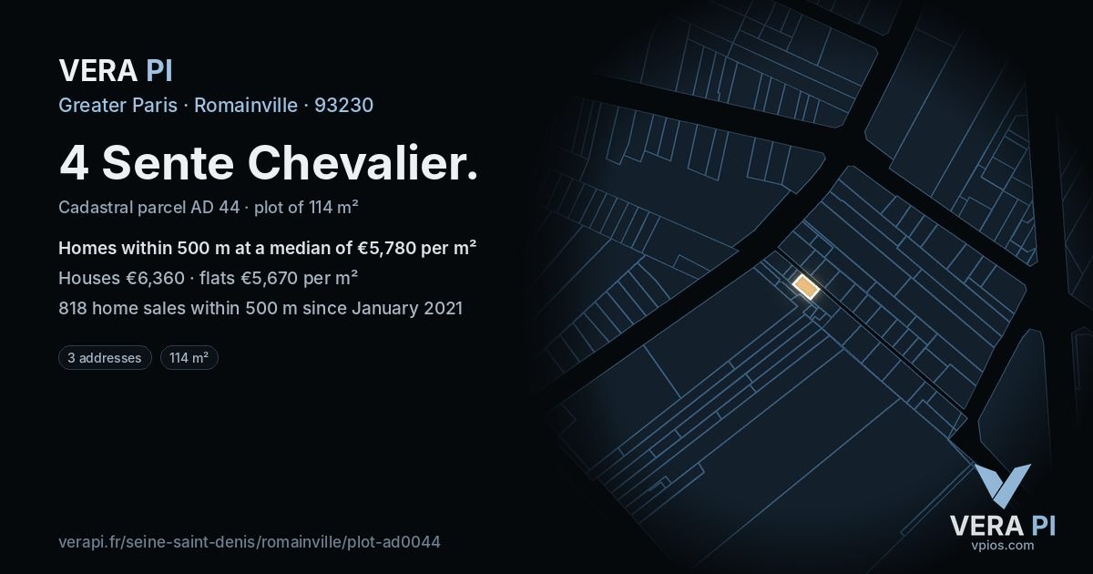 4 Sente Chevalier, Romainville at night – the plot lit, the parcels around coloured by the prices near them