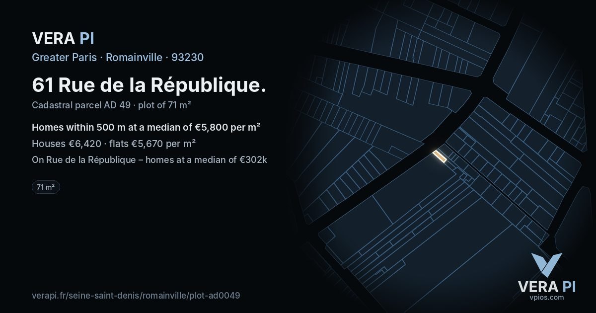 61 Rue de la République, Romainville at night – the plot lit, the parcels around coloured by the prices near them