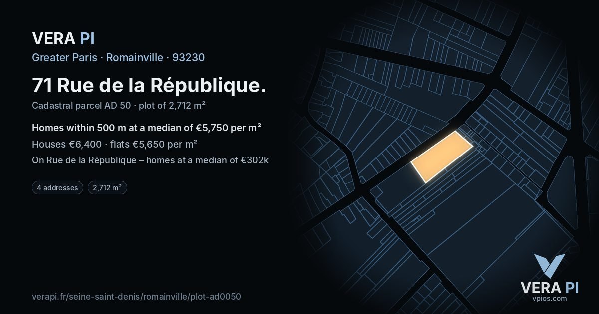 71 Rue de la République, Romainville at night – the plot lit, the parcels around coloured by the prices near them