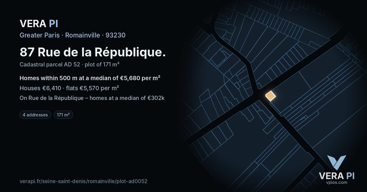 87 Rue de la République, Romainville at night – the plot lit, the parcels around coloured by the prices near them