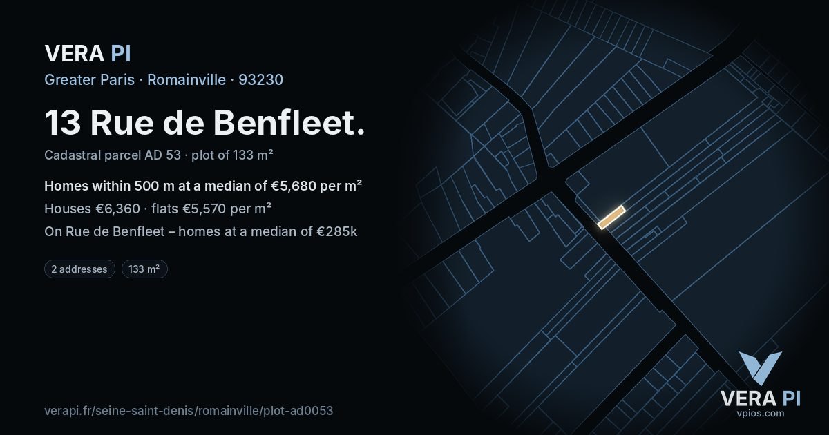 13 Rue de Benfleet, Romainville at night – the plot lit, the parcels around coloured by the prices near them
