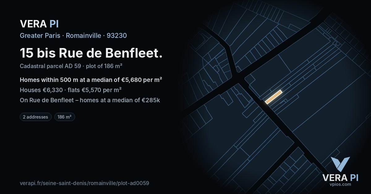 15 bis Rue de Benfleet, Romainville at night – the plot lit, the parcels around coloured by the prices near them