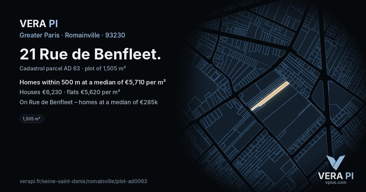 21 Rue de Benfleet, Romainville at night – the plot lit, the parcels around coloured by the prices near them