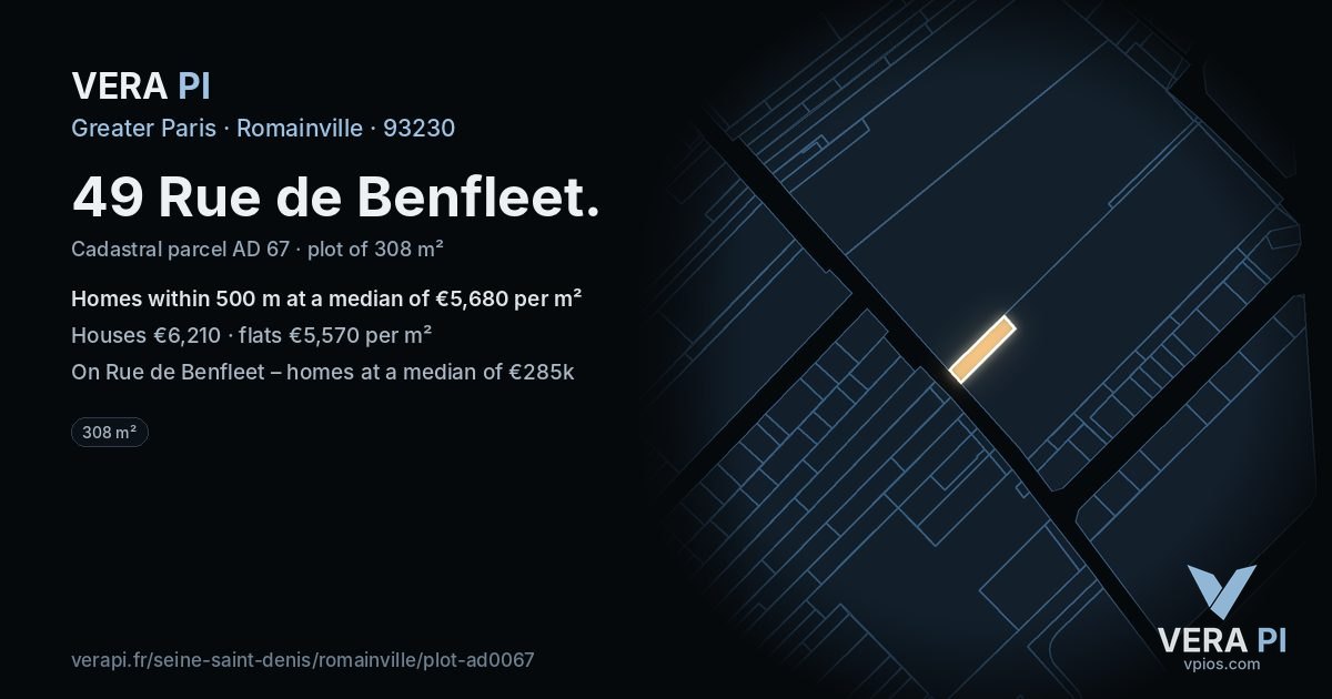 49 Rue de Benfleet, Romainville at night – the plot lit, the parcels around coloured by the prices near them